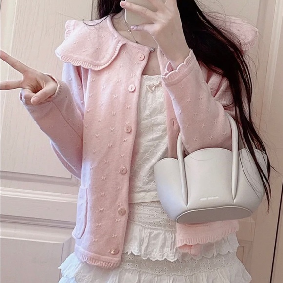 Japanese Kawaii Pastel Pink Knitted Sailor Collar Ruffle Sweater